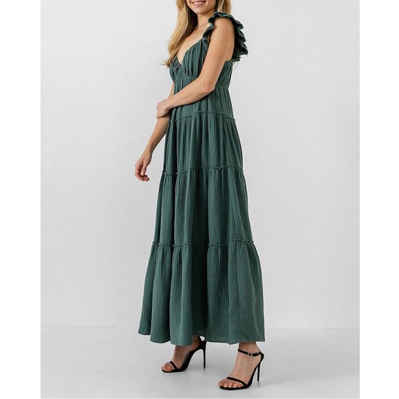 Free the Roses Green Ruffle Sleeve Tiered Maxi Sweetheart Neckline Dress Large - Picture 2 of 4